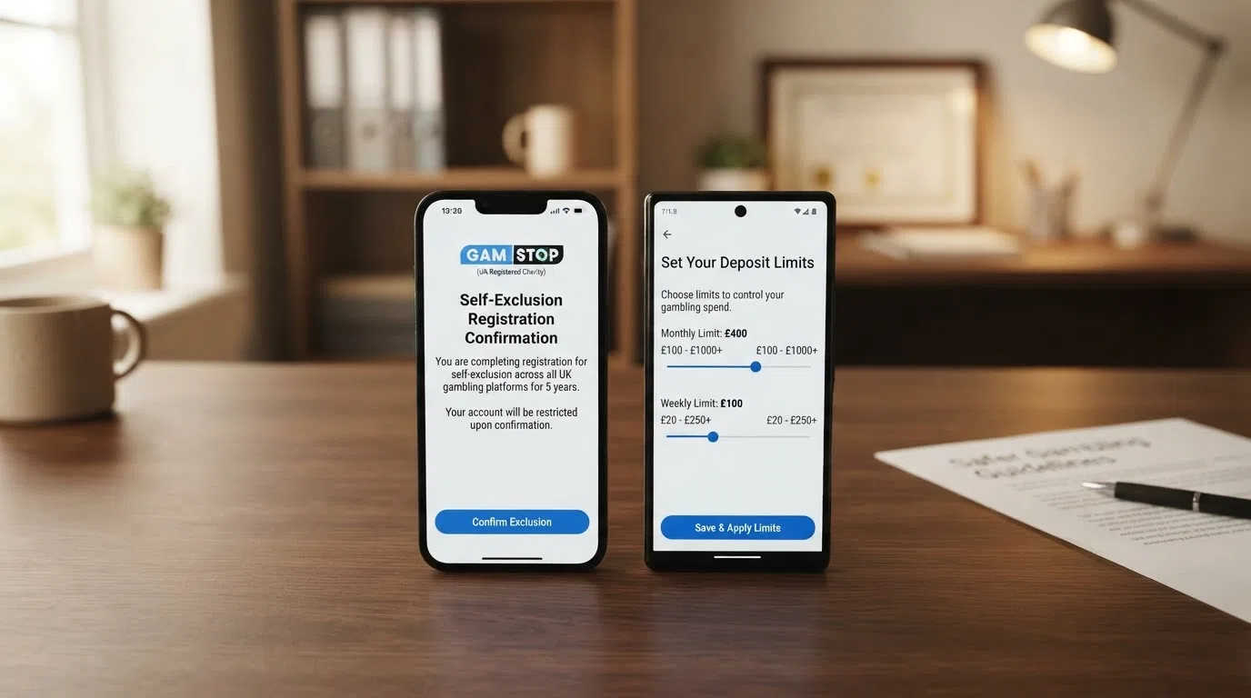A split-screen illustration: the left side shows a GamStop self-exclusion registration confirmation screen, the right side shows a deposit-limit setting interface with monthly and weekly options