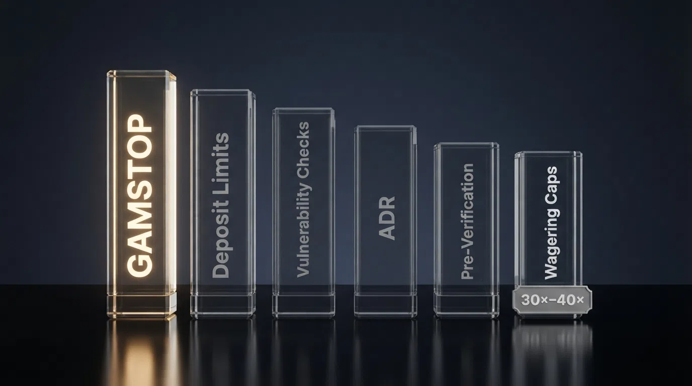 A UK-facing infographic of six labelled columns each representing a UKGC-mandated safeguard — GAMSTOP deposit limits vulnerability checks ADR pre-verification and wagering caps — with five of the six greyed out