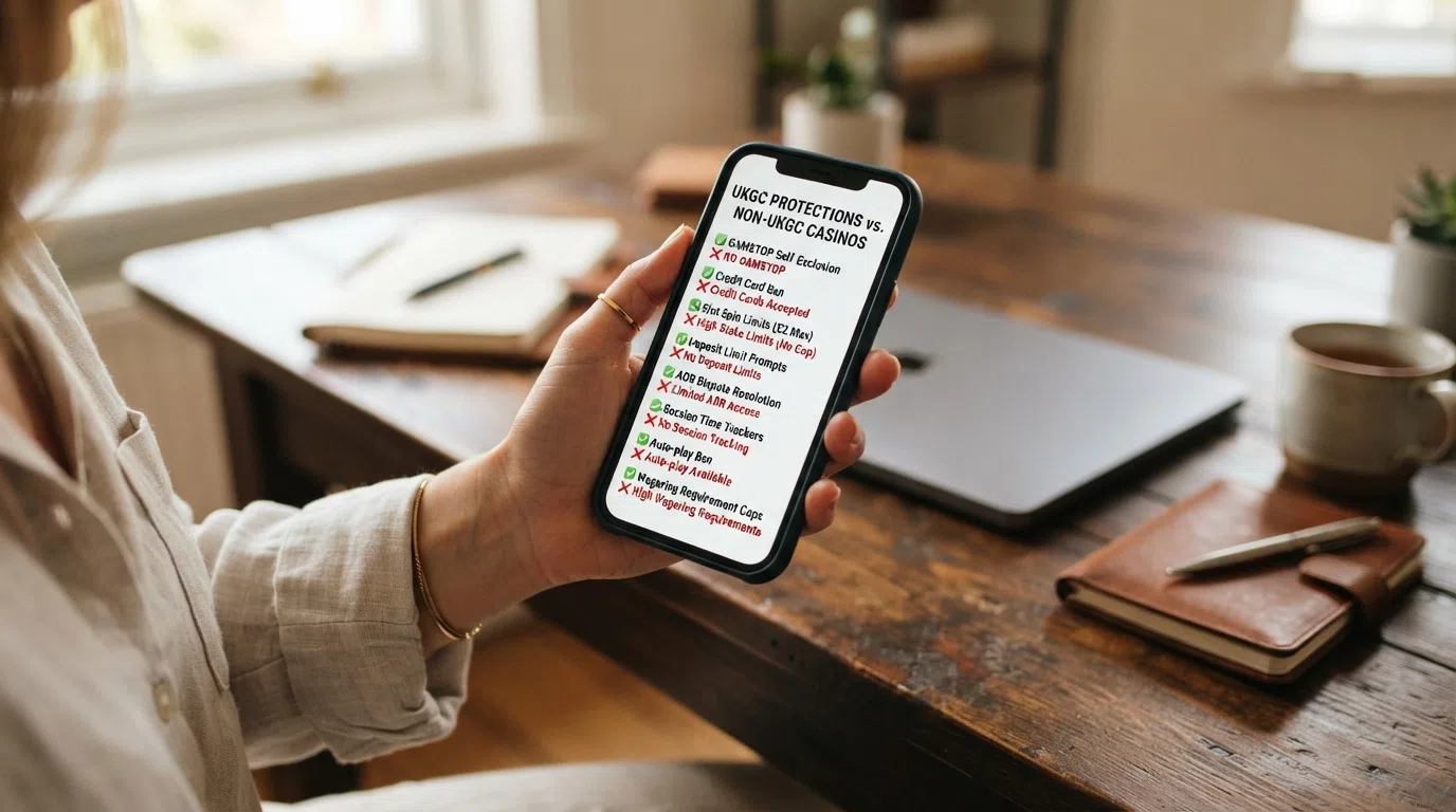 An illustrated list of eight UKGC‑mandated protections — GAMSTOP, credit‑card ban, stake cap, deposit‑limit prompt, ADR, session tracker, auto‑play ban, wagering cap — each with a red cross or green tick indicating whether it follows the player to a foreign casino