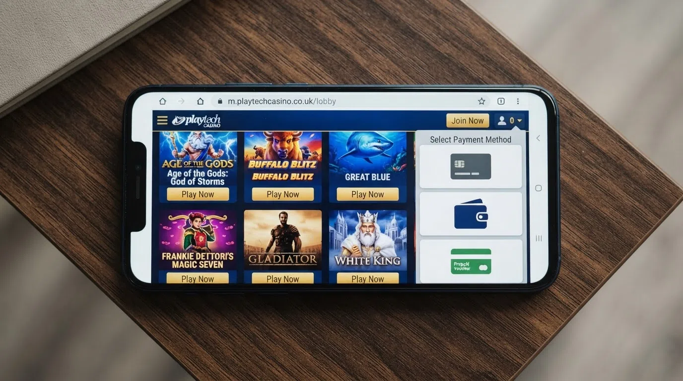 A UK Playtech casino lobby open in a mobile browser on a smartphone held in landscape orientation, showing the slot-grid layout and a deposit-method menu overlay