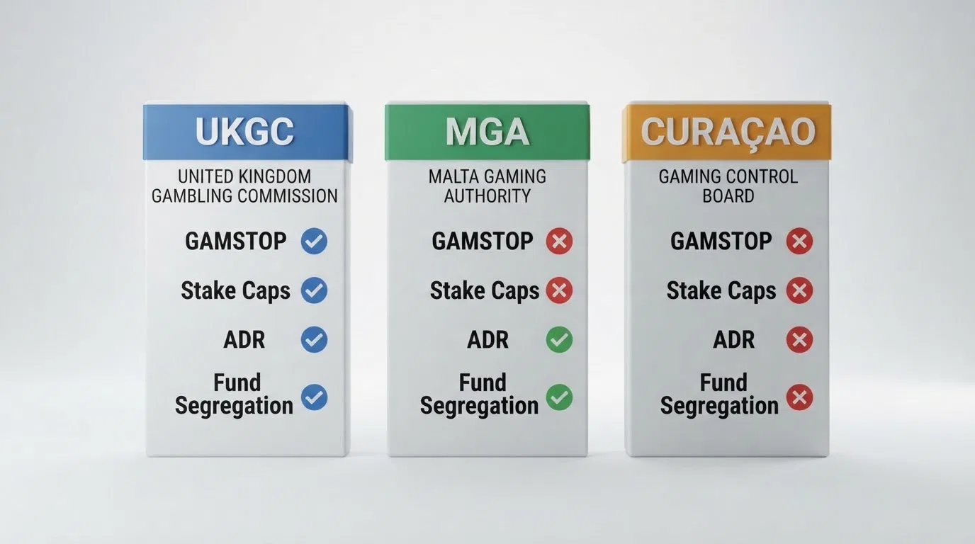 A three-column diagram comparing the UKGC, MGA and Curaçao licence tiers with key protection features listed under each — GAMSTOP, stake caps, ADR, and fund segregation