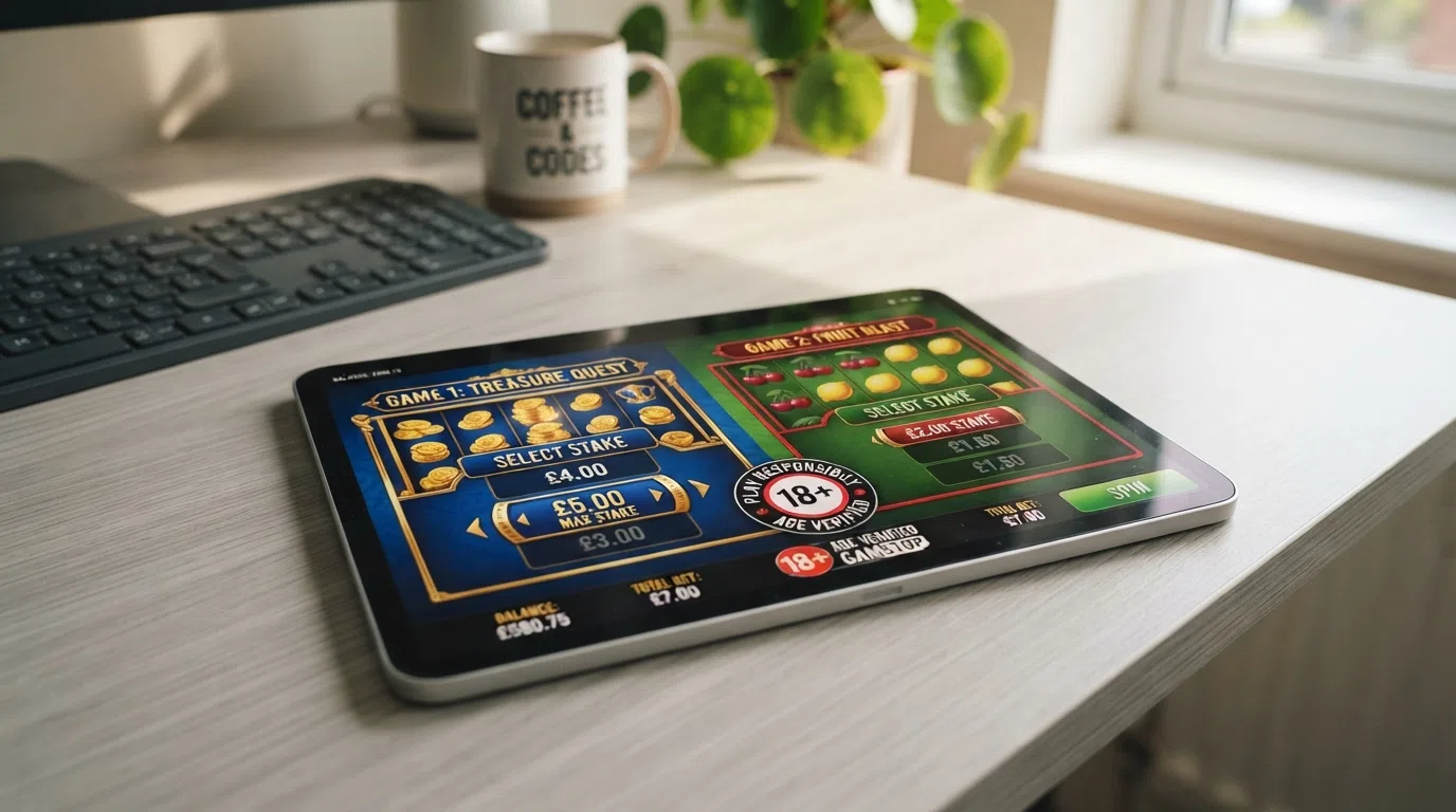 A stylised depiction of a slot interface with two stake selectors showing different maximum values, separated by an age-verification badge