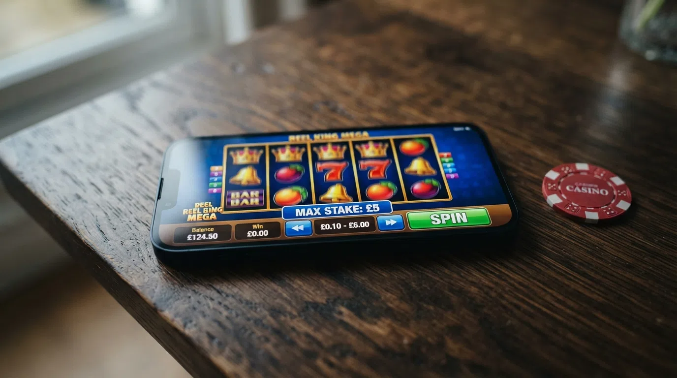 A UK online slot screen showing a £5 maximum stake badge above the spin button