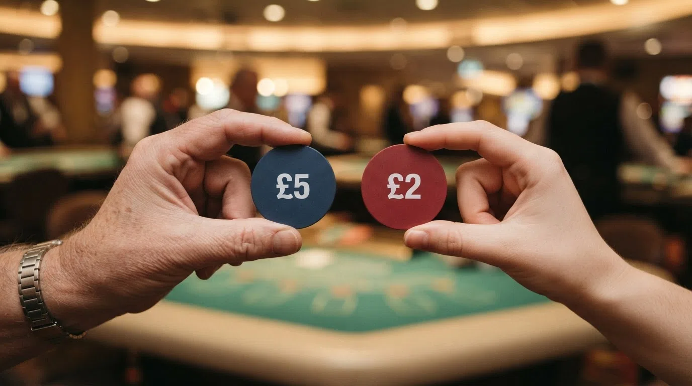 A side-by-side comparison graphic showing the £5 maximum stake for players 25 and over and the £2 cap for ages 18–24, with a UKGC logo