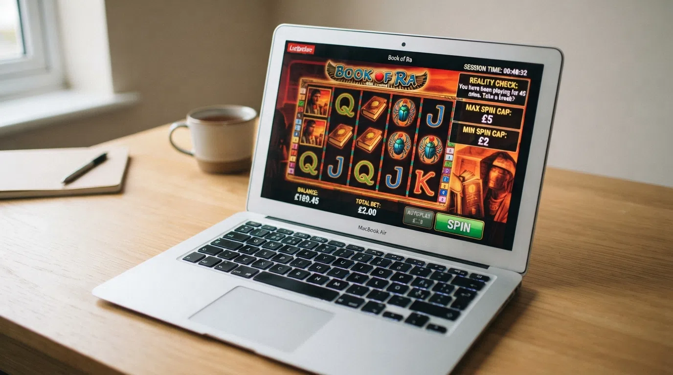 A UK-licensed slot interface showing the £5 and £2 per-spin cap indicator alongside a session clock and reality-check prompt