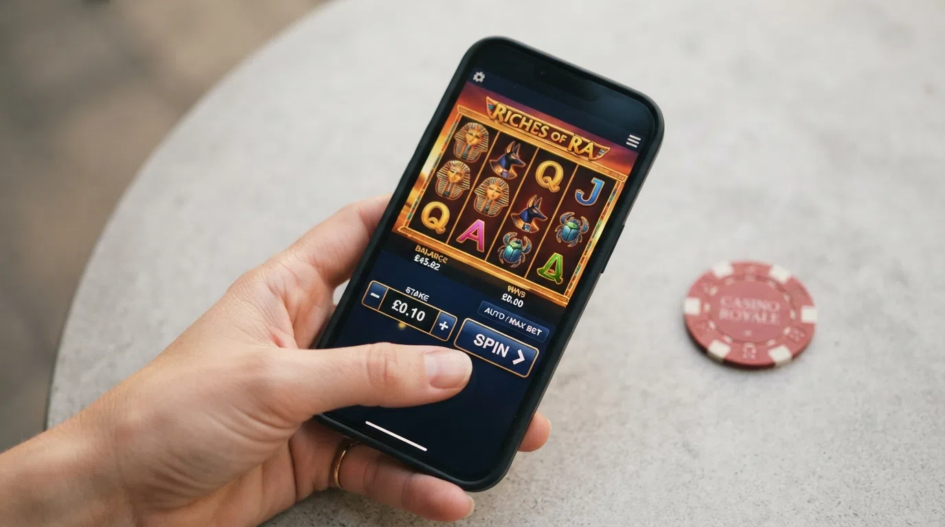 A slot spin with a stake selector showing a low per-spin amount