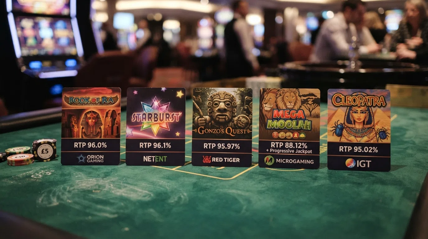 Five popular online slot title cards — Starburst, Book of Dead, Big Bass Bonanza, Gonzo's Quest and Reactoonz — each displaying its confirmed RTP percentage and provider logo