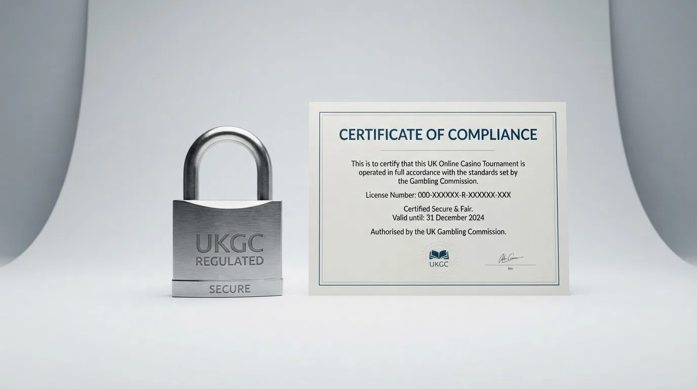 A UK Gambling Commission logo beside a padlock icon and a document stamped “Test House Approved”, on a clean white background