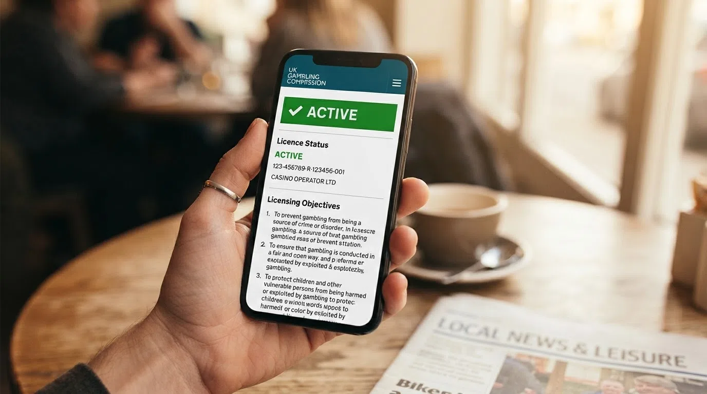 A close-up of a smartphone screen displaying a UK Gambling Commission licence verification page with a green "Active" status badge and the three licensing objectives listed below it