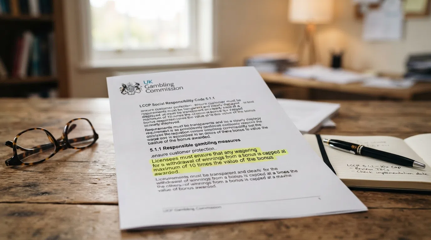 An open regulatory document with the LCCP Social Responsibility Code 5.1.1 heading visible, a highlighter marking the 10x wagering cap, and a UK Gambling Commission letterhead