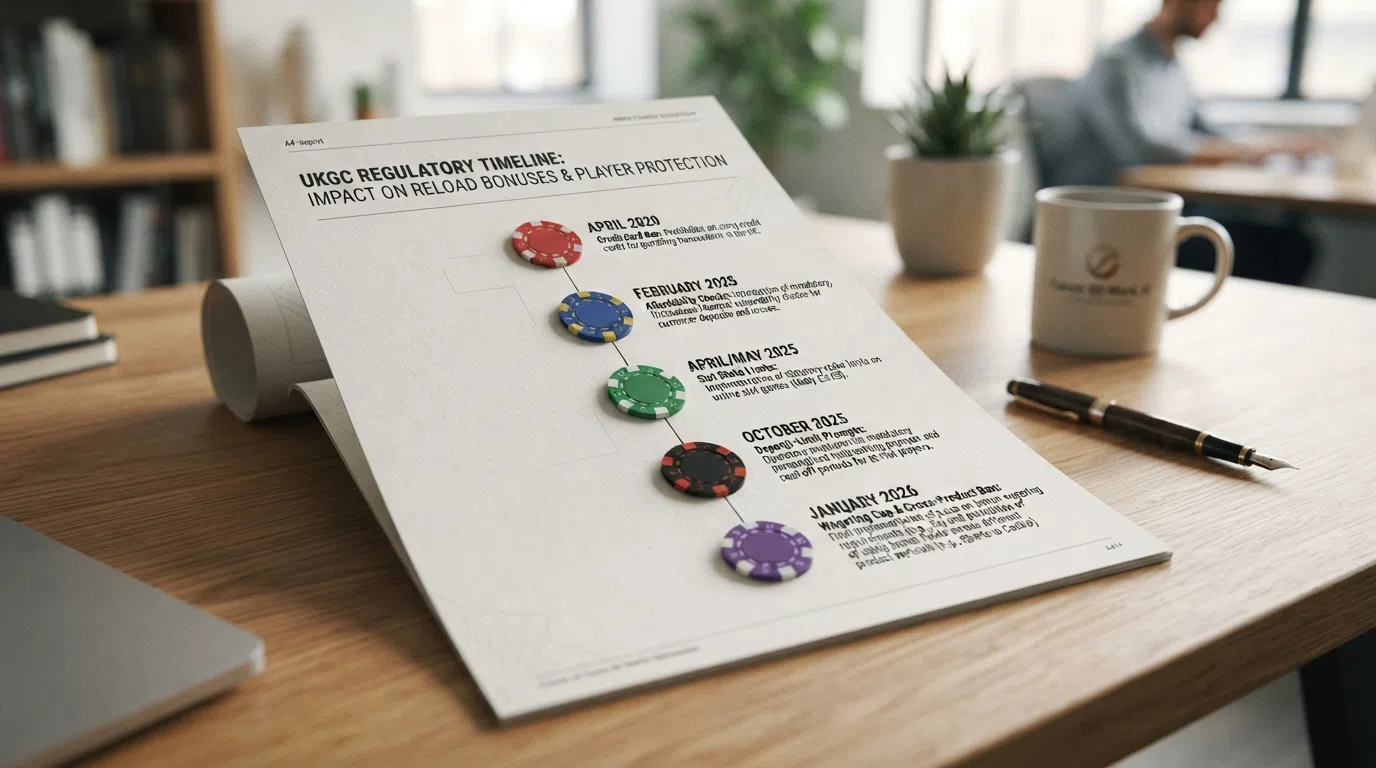 A chronological timeline showing key UKGC regulatory changes — the April 2020 credit card ban, the February 2025 affordability checks, the April 2025 slots stake limits, the October 2025 deposit-limit prompts, and the January 2026 wagering cap and cross-product ban