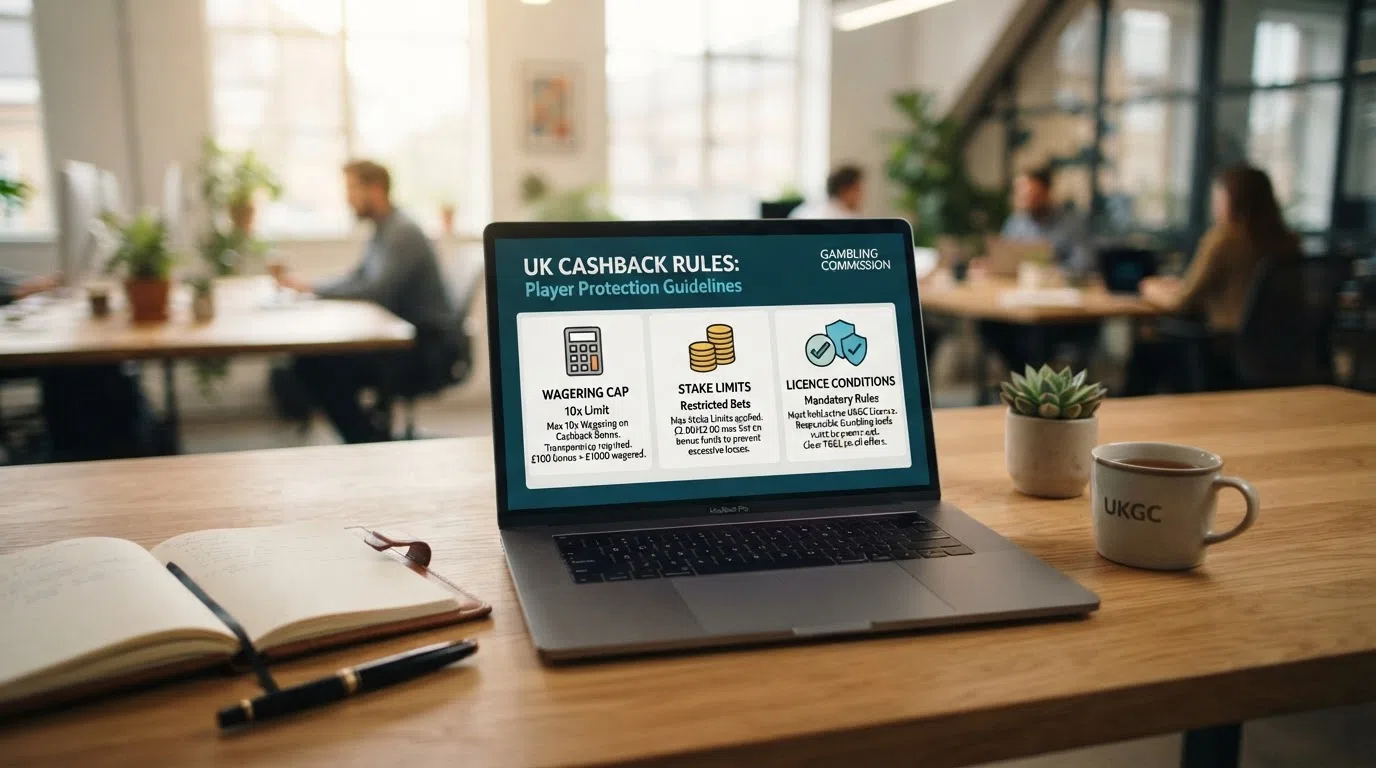 A simplified diagram showing the key Gambling Commission rules that govern UK cashback offers — the 10× wagering cap, stake limits, and mandatory licence conditions