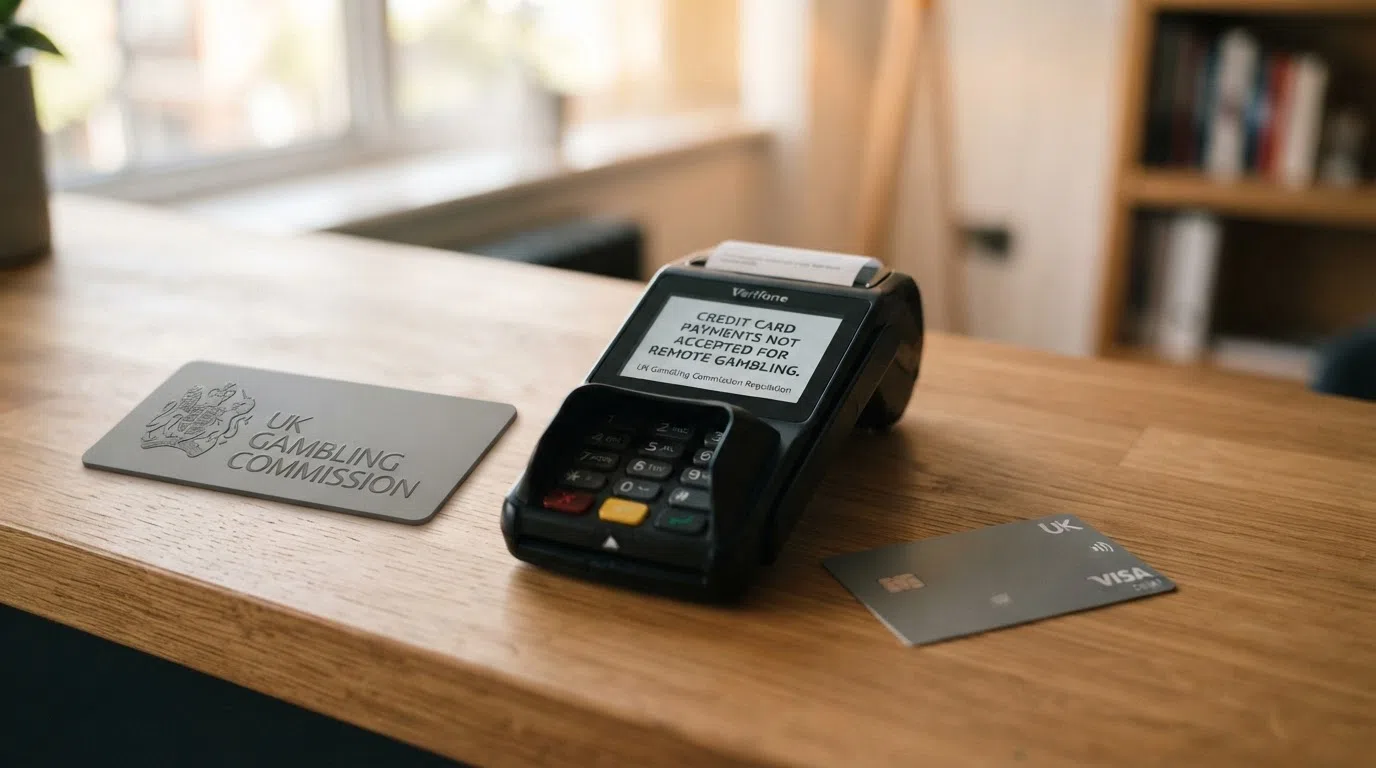 A UK Gambling Commission logo beside a payment terminal screen showing a blocked credit card notification