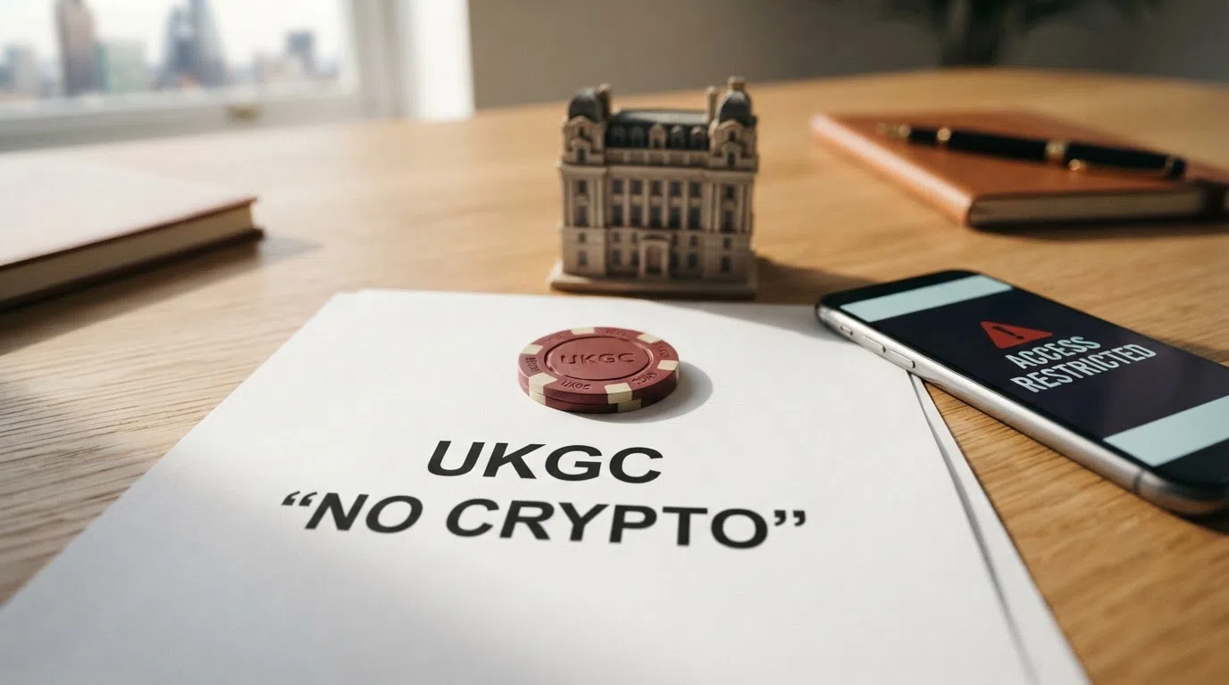 The UK Gambling Commission headquarters building with a no-cryptocurrency symbol overlaid on a casino chip
