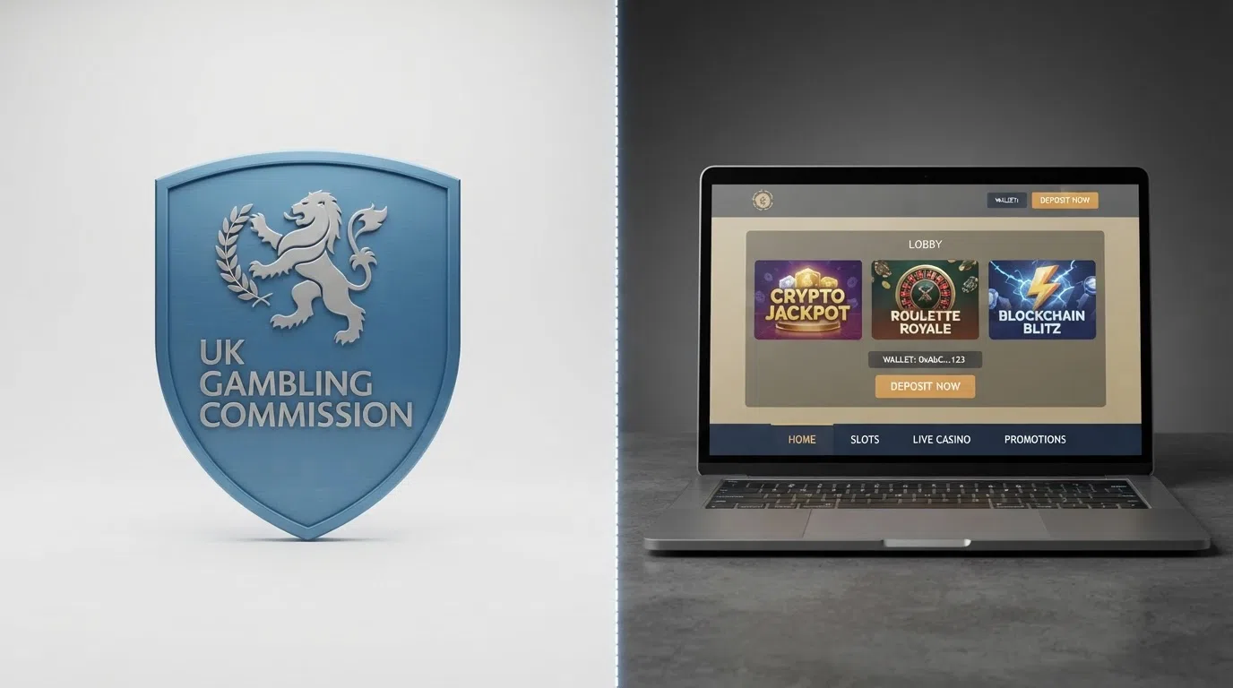 A UK Gambling Commission logo beside a generic offshore casino interface, separated by a dashed dividing line