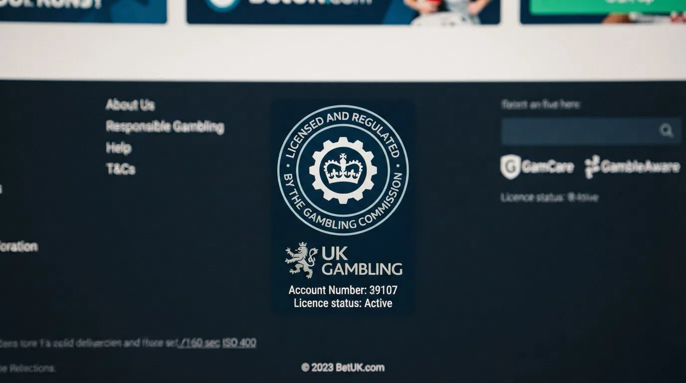A close-up of the UK Gambling Commission licence badge on a casino website footer, with the words “Licensed and regulated by the Gambling Commission” visible