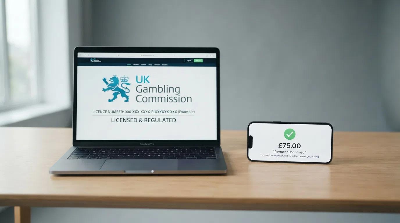 A UK Gambling Commission licence badge next to a MiFinity payment confirmation icon on a split-screen composition