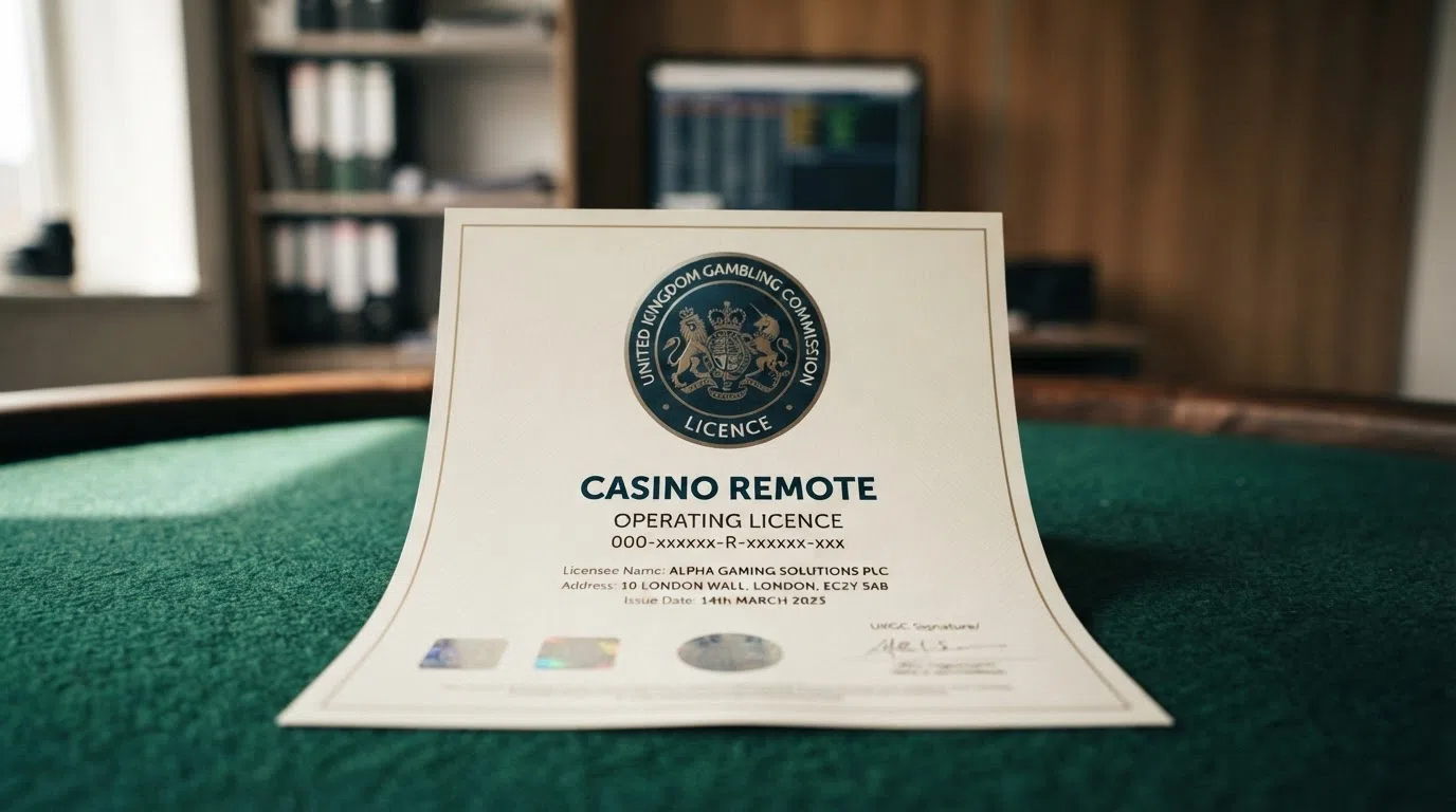 A close crop of a Gambling Commission licence certificate with the lion-and-crown crest in focus, the words “Casino Remote” visible, laid on a dark green background