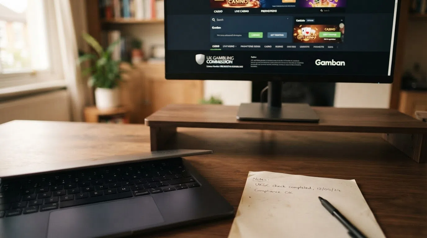 The footer of a UK online casino website showing the UK Gambling Commission licence badge and a Gamstop logo