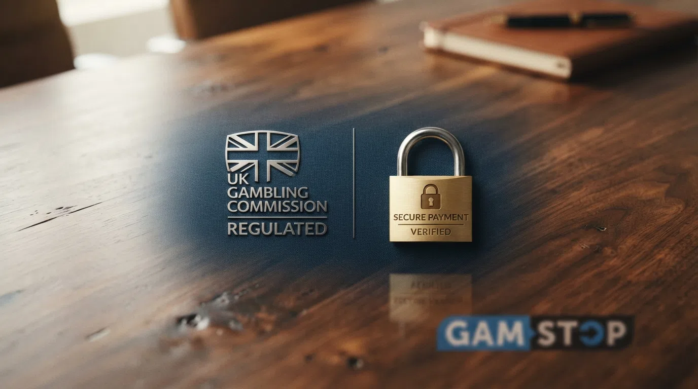 The Gambling Commission logo beside a secure-payment padlock icon and the GAMSTOP logo, arranged on a dark background