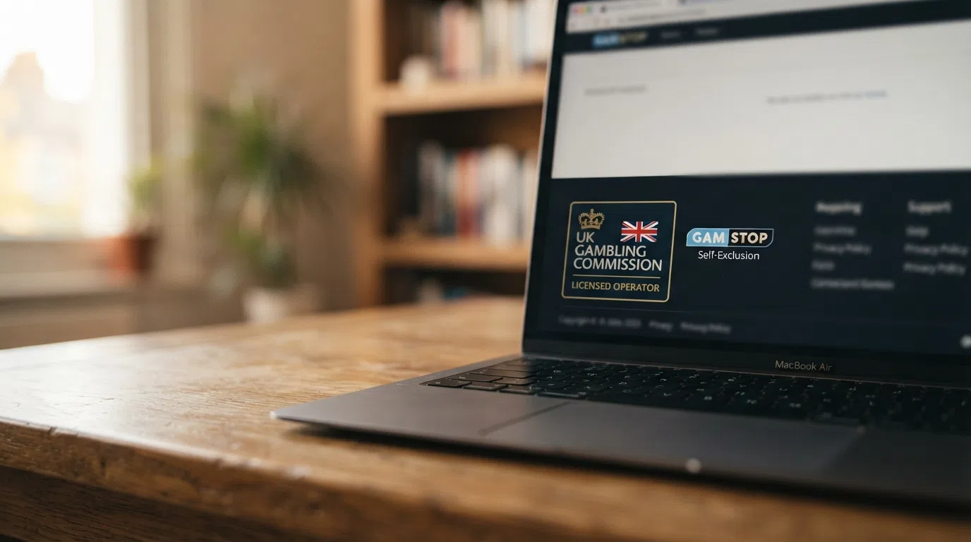 A close-up of a UK Gambling Commission licence badge on a casino website footer, with the licence number visible and a GamStop logo beside it