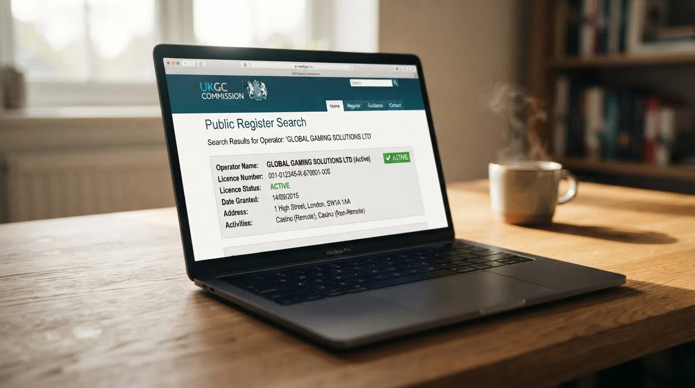 A screenshot of the UKGC public register search page with a casino operator's licence details visible, showing the active-status indicator and licence number