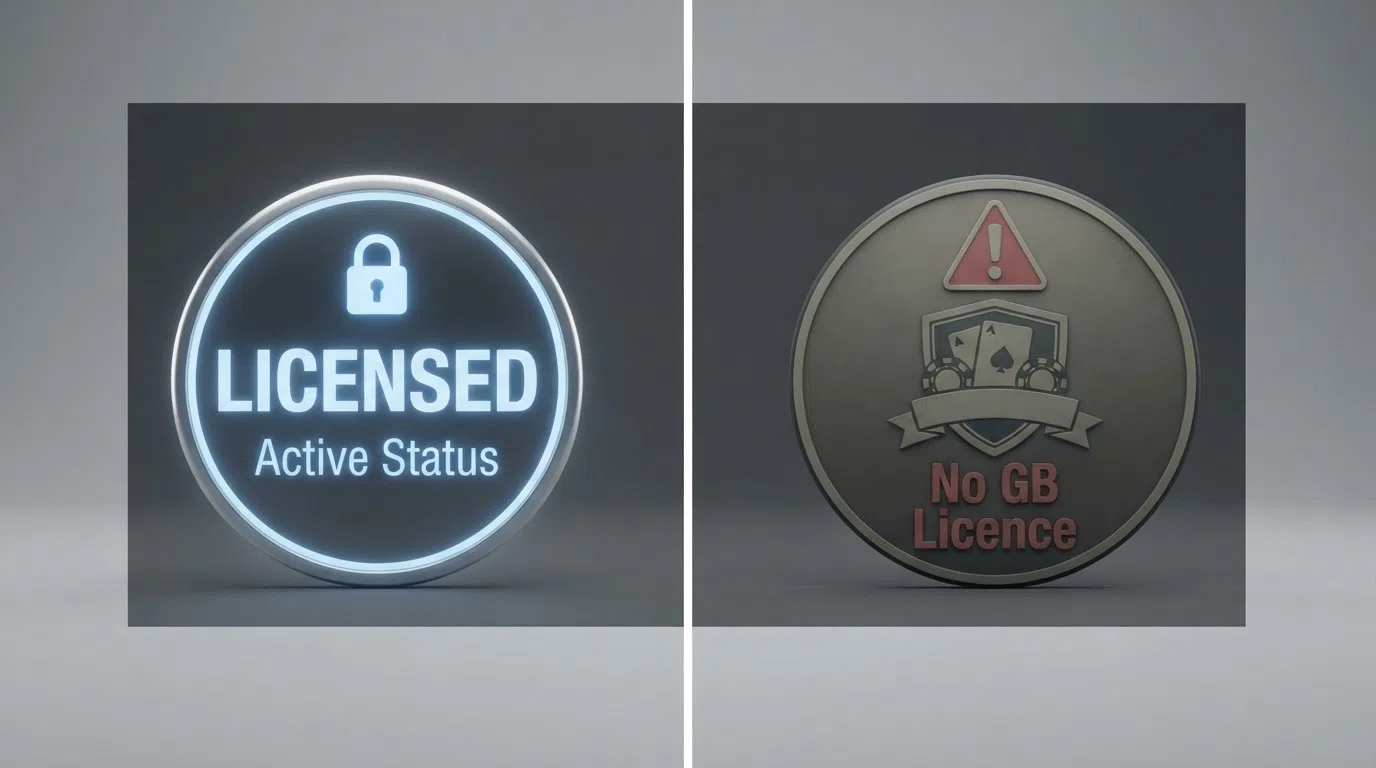 A split-screen comparison — on the left, a UKGC licence badge with “Active” status and a padlock; on the right, a warning icon over an offshore casino logo with the text “No GB Licence”