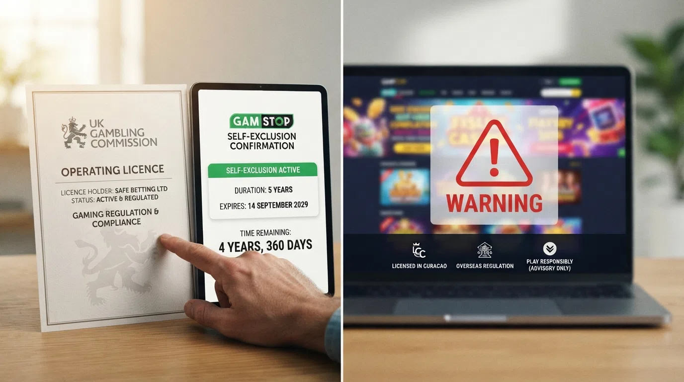 A split-frame visual: on the left, a UKGC licence certificate and a GamStop registration confirmation screen; on the right, a warning icon over a generic offshore casino homepage with no licence footer.