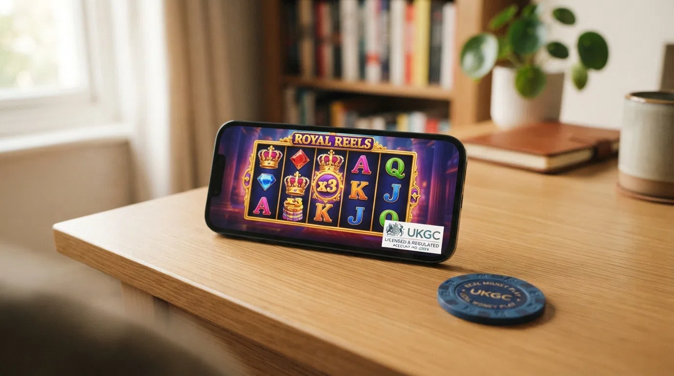 A UK Gambling Commission licence seal shown beside a slot game on a phone screen
