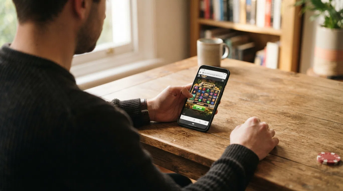 The UK Gambling Commission logo beside a smartphone screen displaying a Megaways slot, with a padlock icon visible in the browser address bar