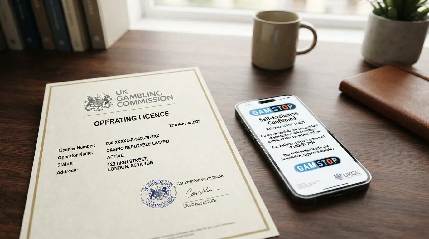 A close-up of a UK Gambling Commission operating licence certificate beside a smartphone showing the GAMSTOP self-exclusion confirmation screen