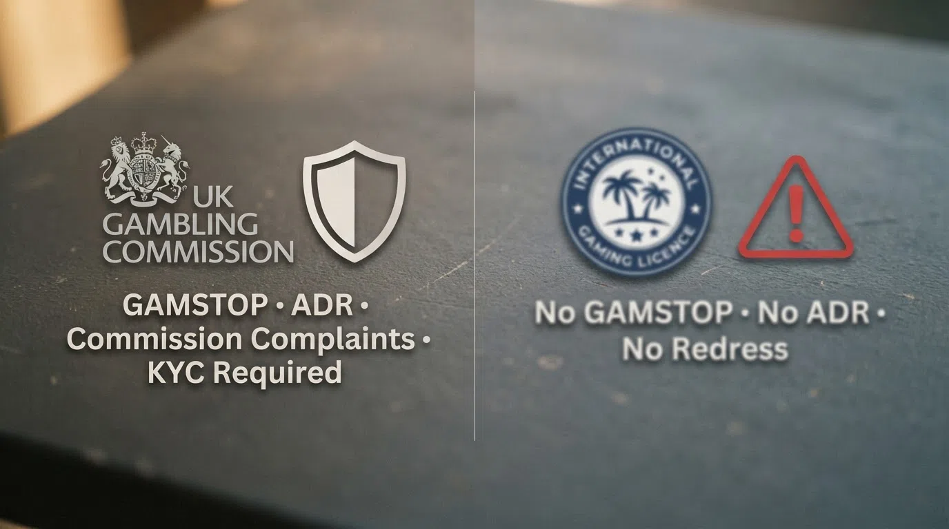 A split composition: on the left, a UKGC logo beside a shield icon listing “GAMSTOP · ADR · Commission Complaints · KYC Required”; on the right, a generic offshore licence badge with a warning icon and the labels “No GAMSTOP · No ADR · No Redress”