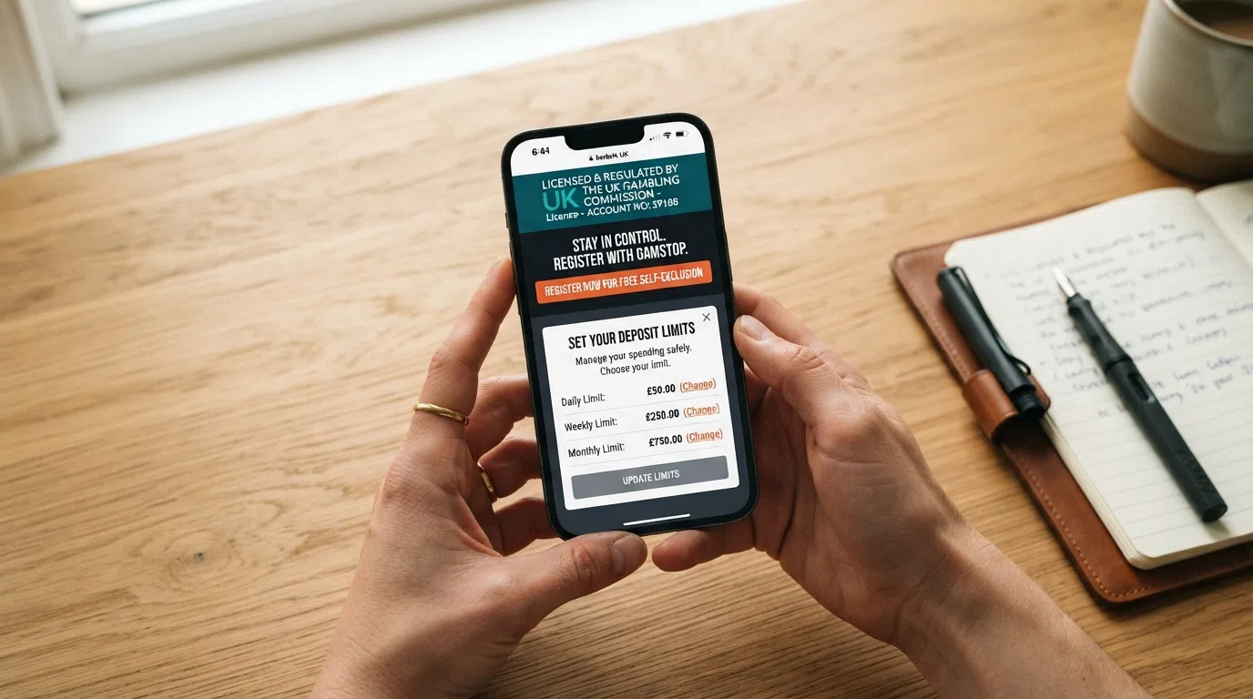 A UK Gambling Commission licence badge beside a smartphone displaying GamStop registration, deposit-limit settings and a reality-check pop-up