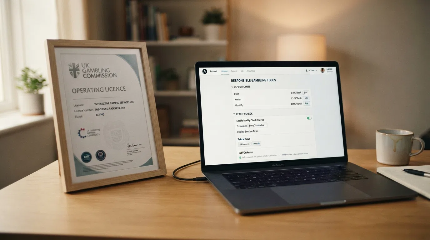 A UK Gambling Commission licence certificate beside a screen showing deposit-limit and reality-check settings on a casino account page