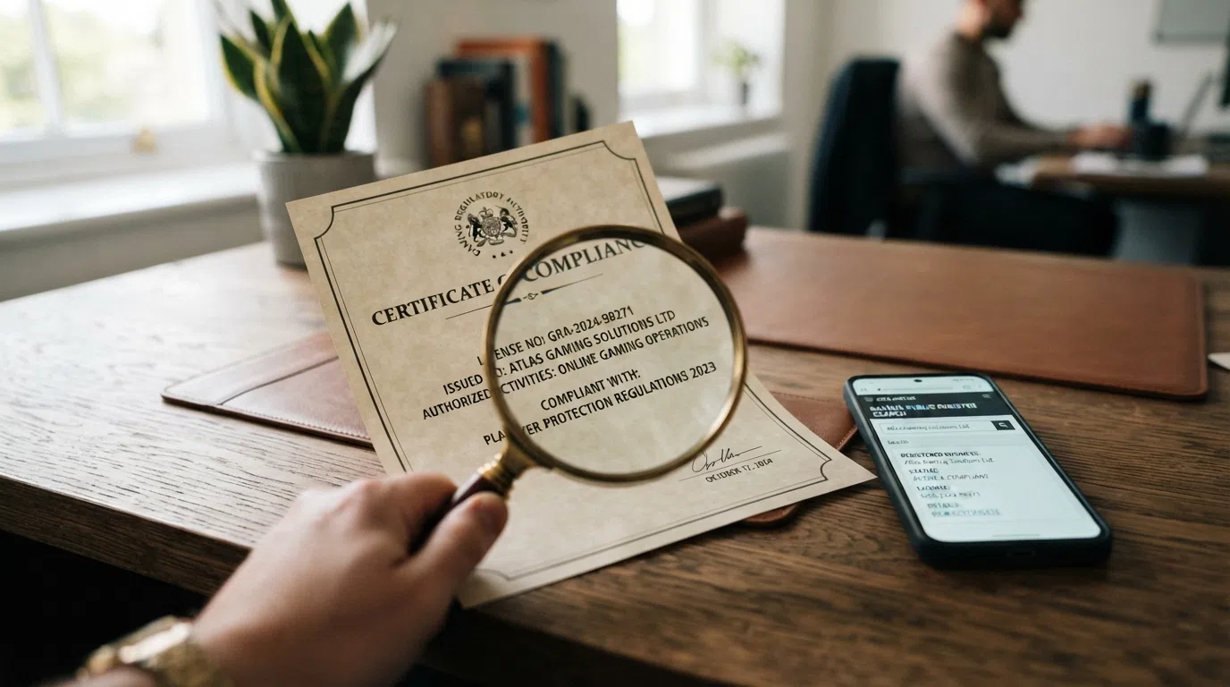 A close-up of a UK Gambling Commission operating-licence certificate with a magnifying glass over the licence number, next to a smartphone showing the UKGC public-register search page