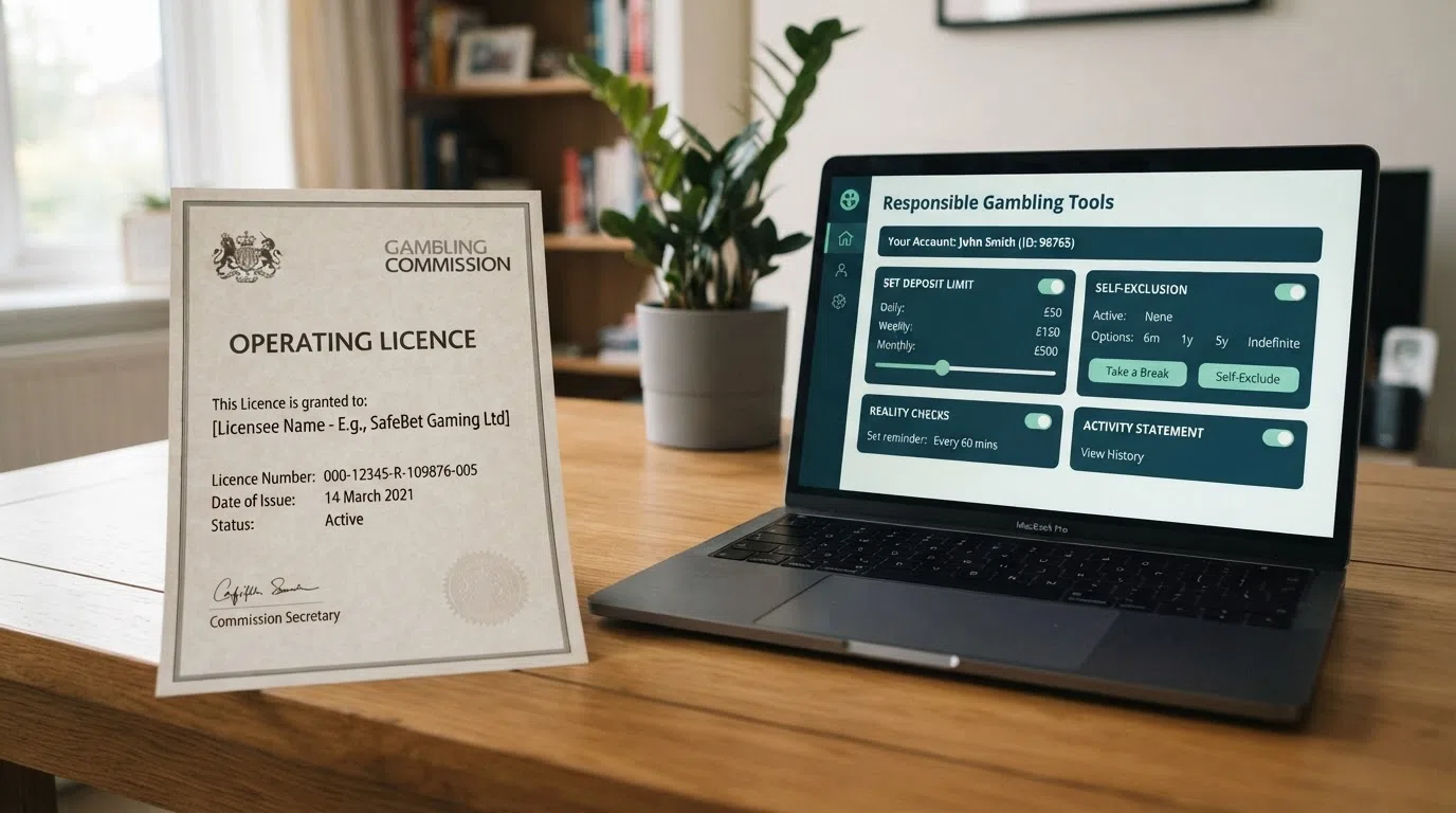 A Gambling Commission licence certificate detail beside a responsible-gambling tools dashboard showing deposit-limit and self-exclusion controls