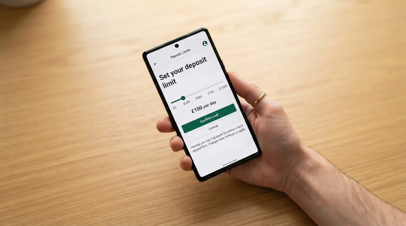 The UK Gambling Commission logo beside a smartphone showing a deposit-limit settings screen