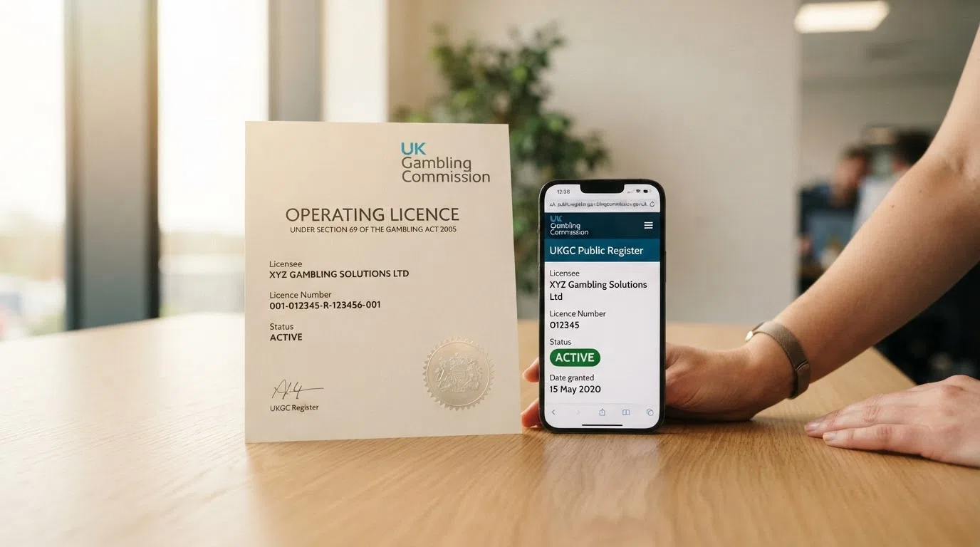 The UK Gambling Commission logo on an official licence certificate beside a smartphone showing the public register search results for a licensed operator