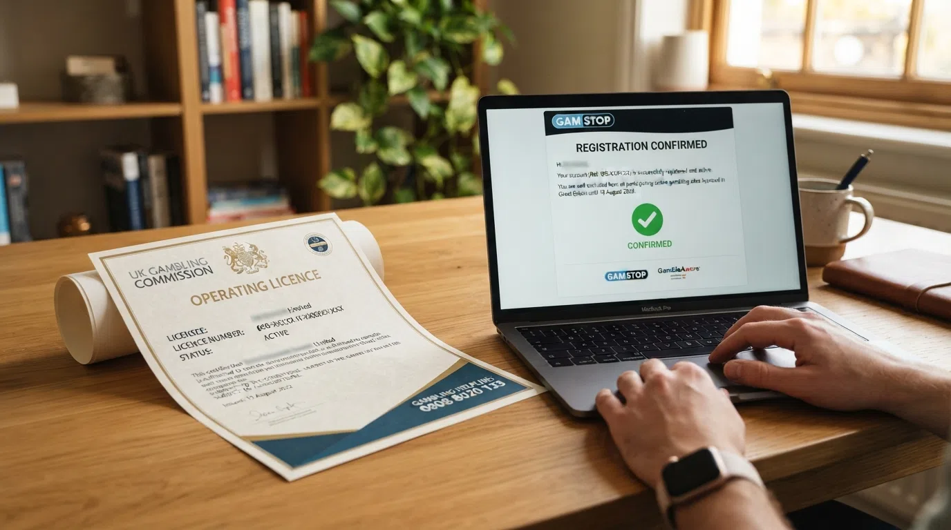 A UK Gambling Commission operating licence certificate detail beside a GamStop registration confirmation screen, with a helpline number visible