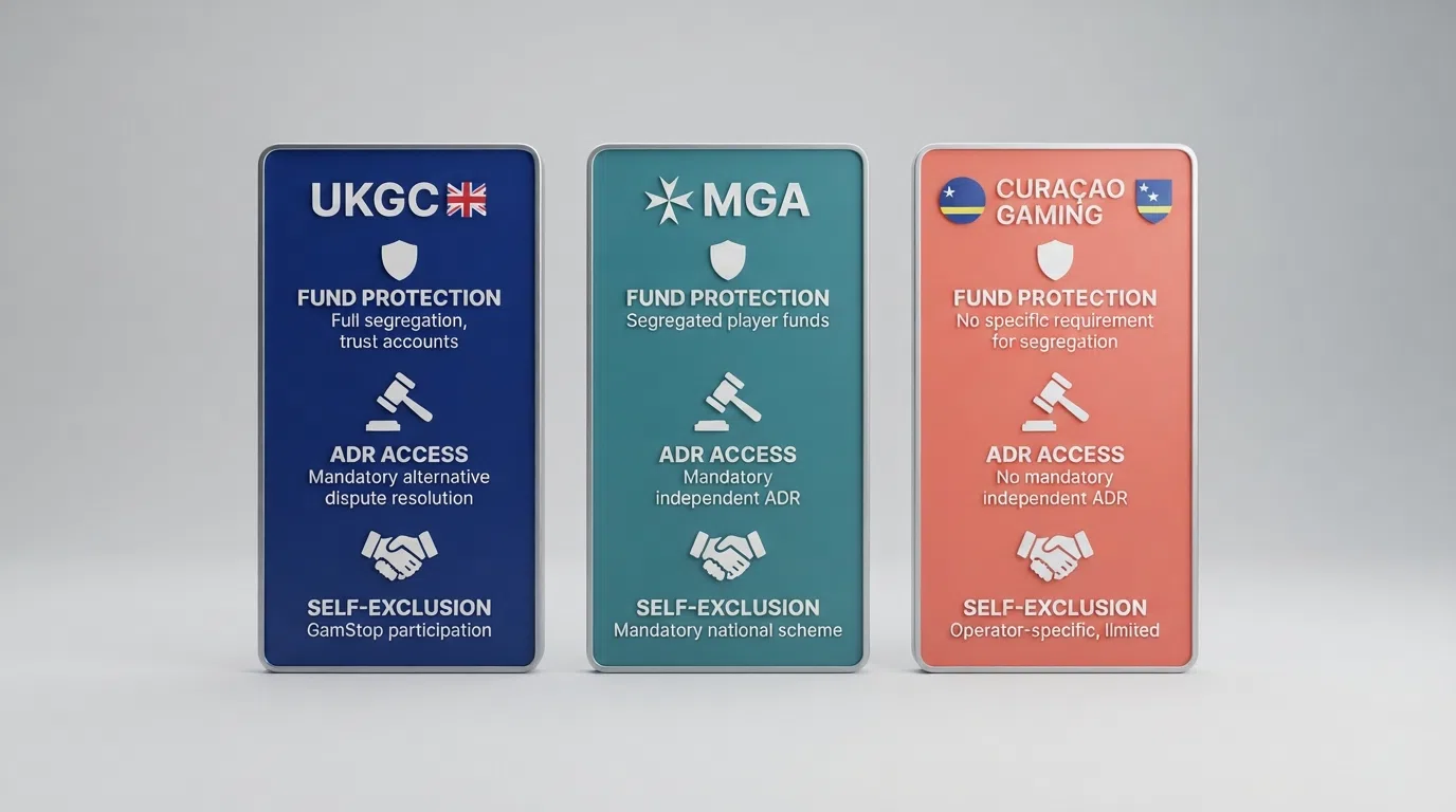 Three columns comparing the UKGC, MGA and Curaçao licensing icons, with tick and cross marks beneath each for fund protection, ADR access and self-exclusion coverage