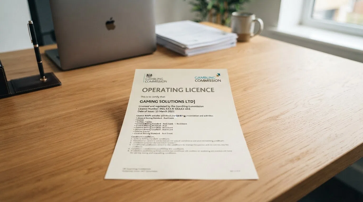 A close-up of a UK Gambling Commission licence certificate or the Commission's official crest against a clean background, with the words “Licensed and regulated by the Gambling Commission” legible in the frame
