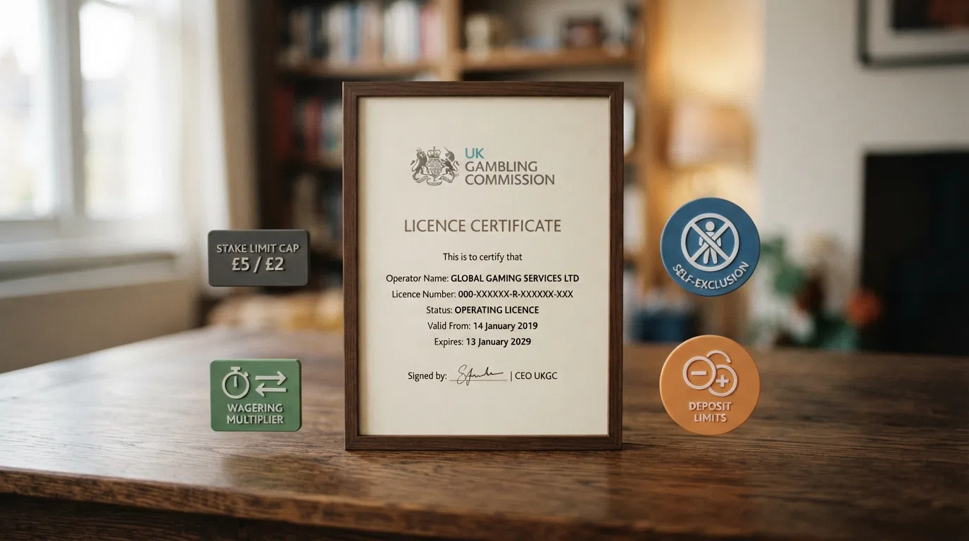 A UK Gambling Commission licence badge alongside icons representing the key player protections: stake limit cap, GamStop self-exclusion, deposit-limit prompt and the 10× wagering cap