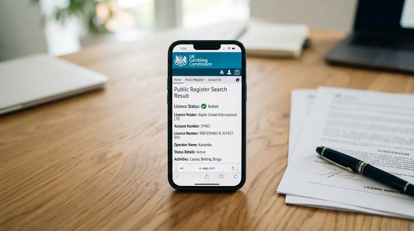 The UK Gambling Commission logo and a smartphone screen showing the public register search interface with a licence number entered and an active-status result displayed