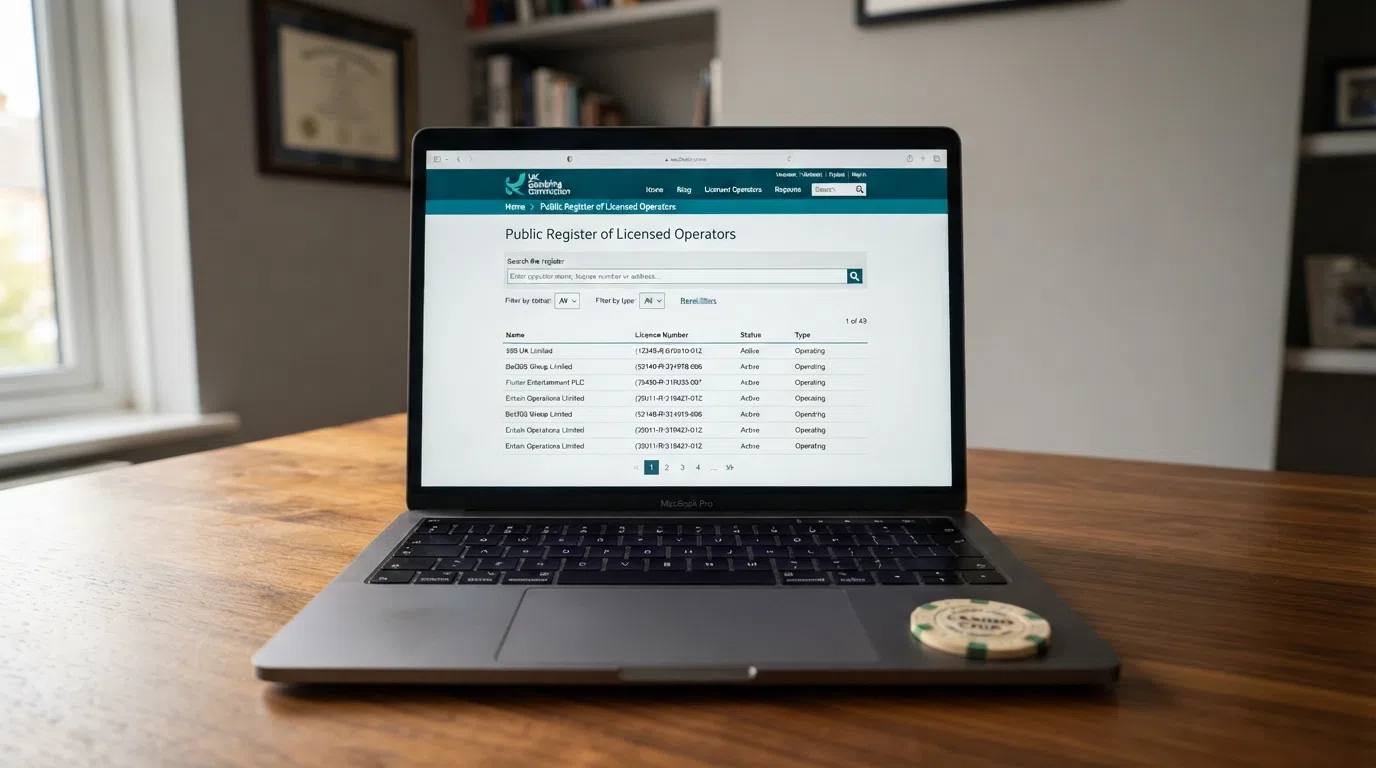 The UK Gambling Commission public register of licensed operators open in a web browser