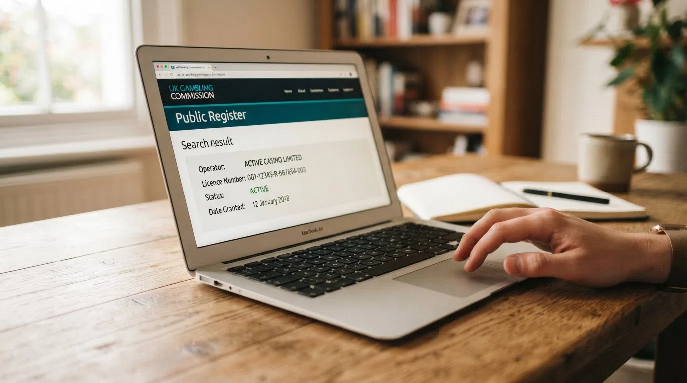 A screenshot of the UK Gambling Commission public register search interface with a sample operator's licence details visible, showing the account number, licence type and status field
