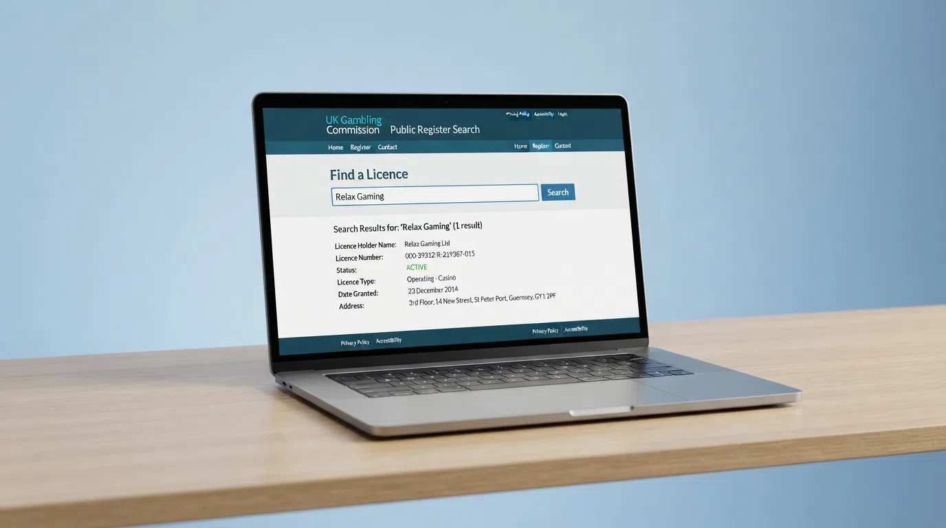 A stylised screenshot of the UK Gambling Commission public register search interface showing a licence status indicator.