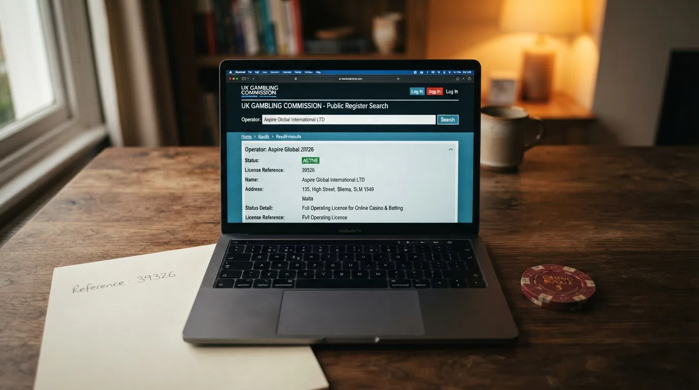 A screen capture of the UK Gambling Commission public register search interface with an operator name entered, showing an active licence status and a licence number.