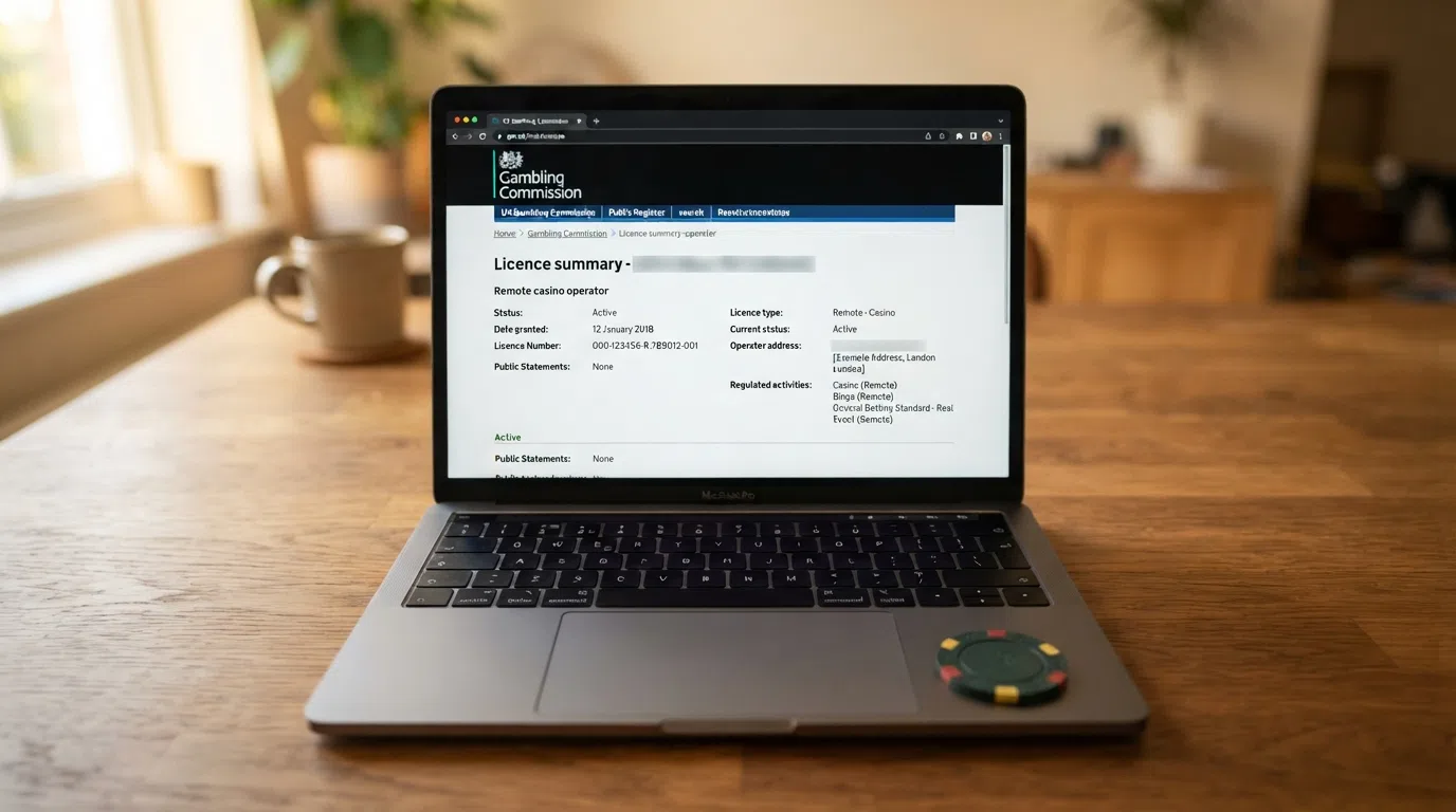 The UK Gambling Commission public register search interface showing an active remote casino operating licence entry with licence number, account holder name and status fields visible