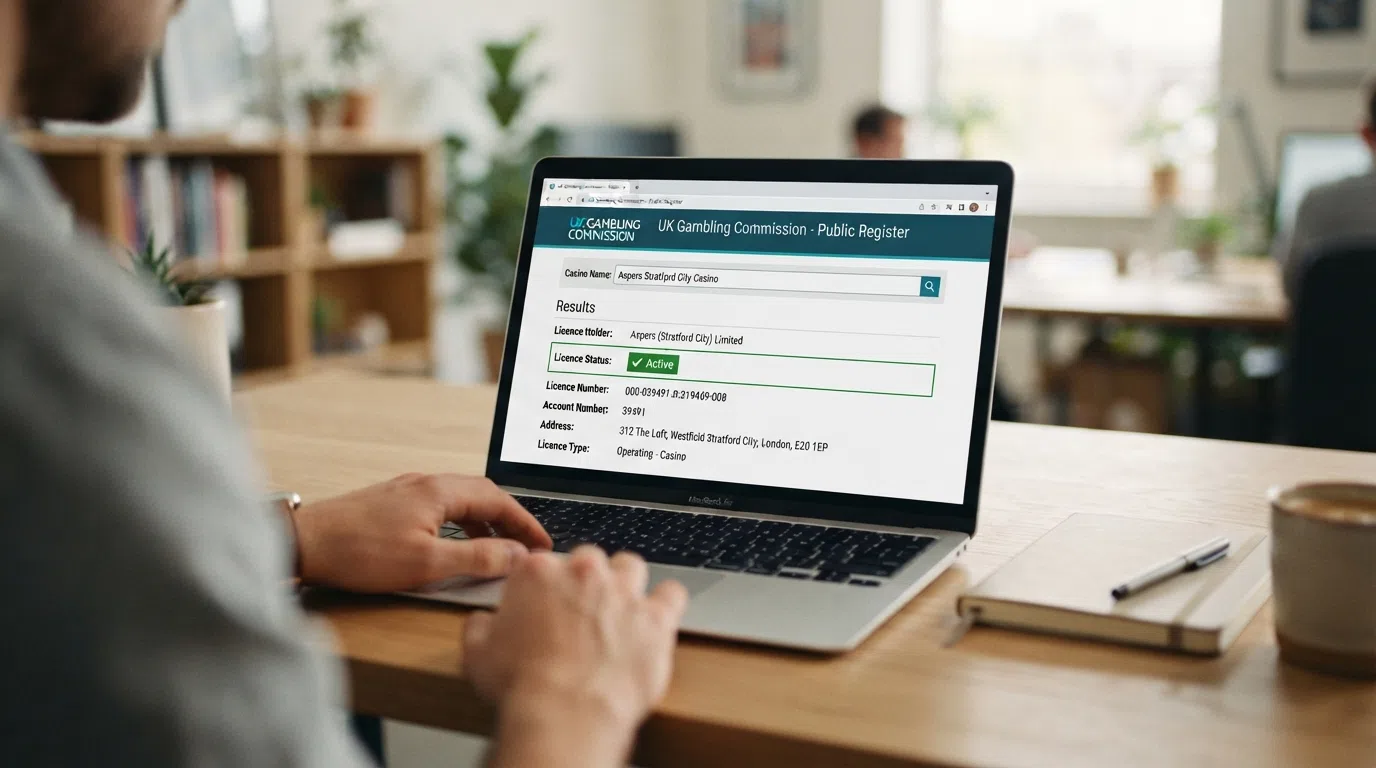 A screen capture of the UKGC public register search interface with a casino name entered and an active licence status displayed