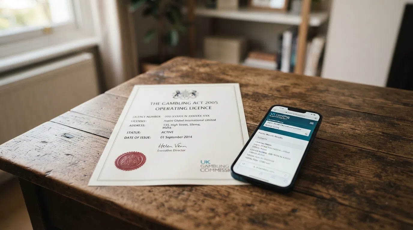 A close-up of a UK Gambling Commission licence certificate beside a smartphone displaying the UKGC public register search page